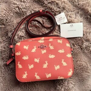 Coach Bunny Script Print Mini Camera Crossbody Bag - Bright Coral